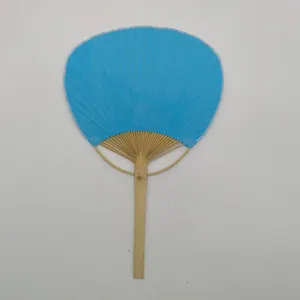 Plain blue round paper hand fan with natural bamboo handle for summer cooling and DIY crafts.