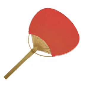 Traditional Chinese red paper round fan with natural bamboo handle for summer cooling or decor.