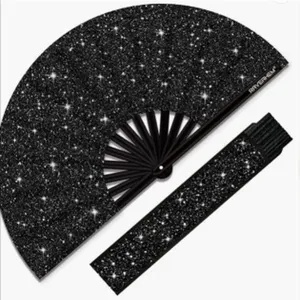 Black glitter folding fan with matching sleeve, 10-inch bamboo bone kung fu clack fan.