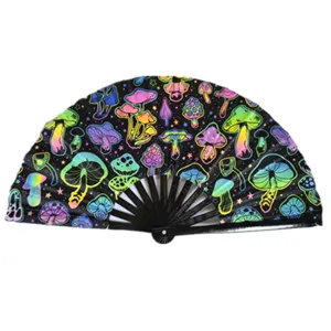 Fluorescent folding fan with UV mushroom pattern and black bamboo frame