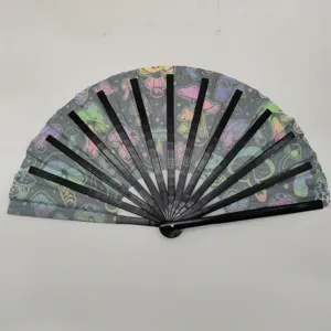 Éventail Kung Fu réactif aux UV avec motifs de champignons colorés et tiges en bambou noir