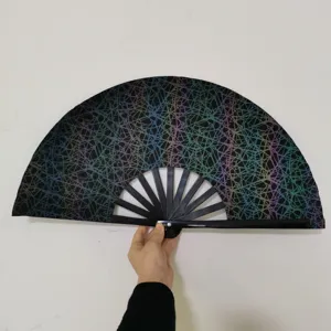 Gedetailleerd overzicht van de zwarte reflecterende vouwwaaier met geometrisch patroon.