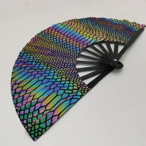 Reflective folding kung fu fan with black bamboo ribs, colorful holographic fashion prop.