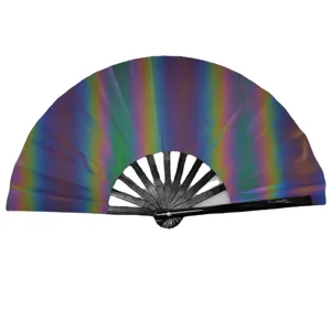 Éventail de kung-fu réfléchissant avec baleines en bambou noir et tissu iridescent vue principale