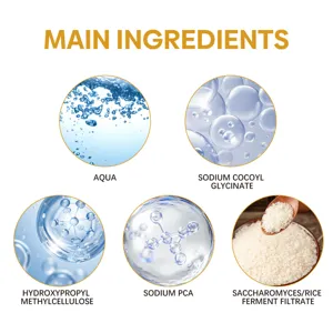 Detail view of the facial cleanser core ingredients including water, rice ferment filtrate, and active components.