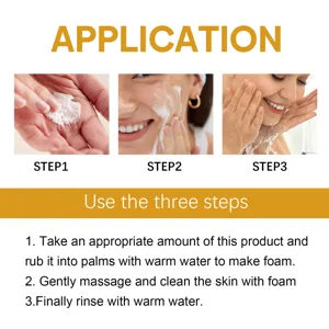 Facial cleanser usage step guide image showing how to apply, massage, and rinse foam safely.