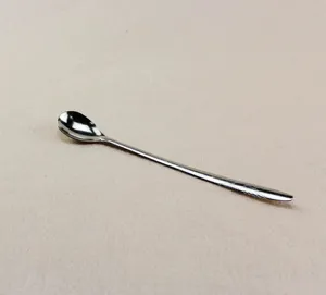 Detailed view of a long-handled stainless steel spoon for micro-landscape soil scattering.