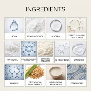 Infographie des ingrédients de la lotion protectrice hydratante au riz, soin de la peau léger.