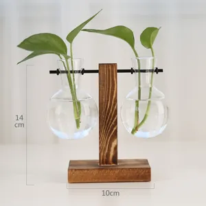 Kreativer Holzrahmen Hydrokultur Glasvase, ideale Tischpflanzen Terrarium fuer Heimdekoration.