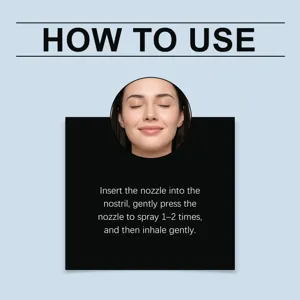 Nasal spray usage instruction detail graphic showing gentle cleaning steps and correct posture.