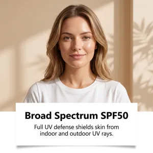 Vue détaillée de la lotion solaire SPF50 offrant une protection UV à large spectre.