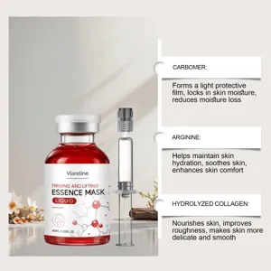 Vue détaillée de la bouteille d'essence faciale, mettant en avant le carbomer et le collagène.