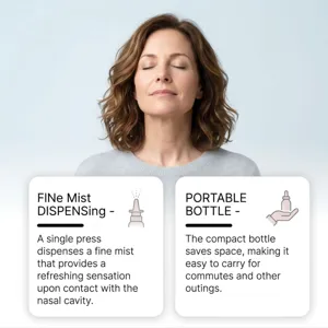 Detailed view of the portable nasal spray showing fine mist and comfortable care.