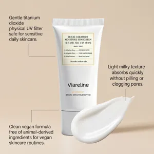 Vue détaillée de la crème solaire au riz à texture lactée légère et application facile.