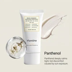 Crème solaire hydratante au riz VIARELINE SPF 50 avec céramides pour protection extérieure.