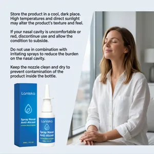 Detailed view of LANISKA nasal spray bottle with use instructions and relief user scene.