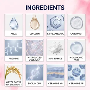Graphique détaillé des ingrédients de l'essence de soin avec actifs et collagène.