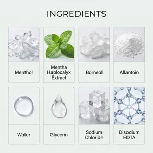 Infografica dettagliata che mostra gli ingredienti principali del prodotto come mentolo e acqua.