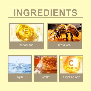 OUHOE honey essence ingredient detail chart showing vitamin E, bee venom, honey, and vitamin C.