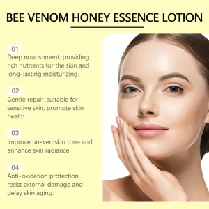 Honey essence lotion detail view showing deep skin nourishment and anti-aging benefits.