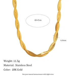 Detailed view of 18K gold plated stainless steel braided herringbone blade necklace