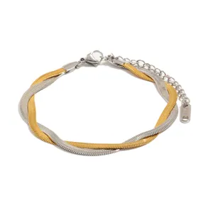 Two-tone gold and silver titanium steel intertwined herringbone blade chain bracelet for women