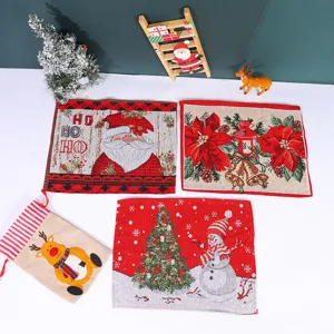 Christmas knitted placemats set featuring Santa Claus and snowman designs for festive table decor.