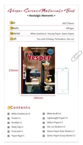 Gedetailleerd overzicht van de Vesper scrapbook kit met 28 vintage collage materialen