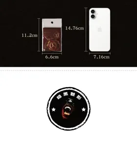 Size comparison of gothic phantom stickers with iPhone and detailed circular badge view