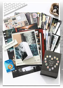 Detailweergave van 28 vintage scrapbooking papieren en stickers voor dagboekversiering
