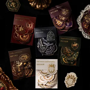 Vintage European Gold Foiled Heraldic Badge Scrapbook Stickers Gothic Dark Embossed Floral Decorative Material Decal Paper For Journal DIY Journaling Crafts