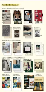 Gedetailleerde weergave van de inhoud van de vintage scrapbooking set met 28 stuks.