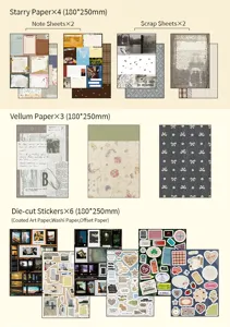 Detail van vintage scrapbooking materiaalset met papier en stickers variëteit.
