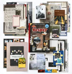 Gedetailleerd overzicht van de 28-delige vintage Vesper scrapbooking-pakket.