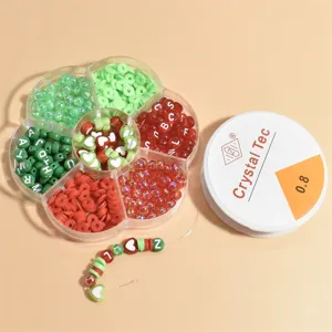 DIY Christmas Polymer Clay Beads Kit 7 Grid Plum Flower Box With Letter Heart Beads Mixed Color Elastic Thread For Jewelry Making