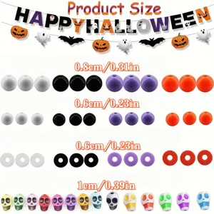 Detaillierte Größentabelle für Halloween-Acrylperlen inklusive Rund- und Totenkopfformen