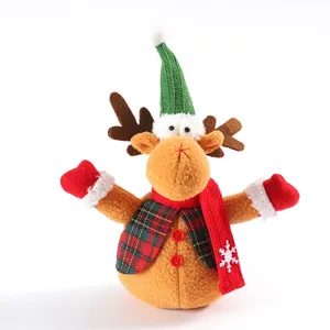 Christmas plush reindeer doll ornament with green knit hat and plaid vest for holiday decor