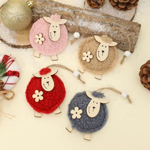Noël mignon mouton laine suspension ornement set, tissu et bois décoration de sapin.