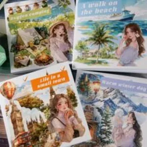 Detailansicht von vier einzigartigen thematischen ästhetischen Aufklebern für DIY-Journaling