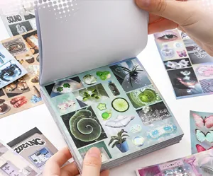 Macro detail of flipping through a creative INS style aesthetic sticker book for journals