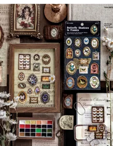 Vintage 3D butterfly stickers in frames for scrapbooking, Natural History Museum theme