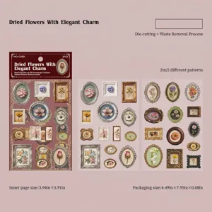 Detailed view of vintage 3D dried flower stickers in ornate frames for journaling decoration