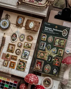 Vintage mushroom and fern 3D stereoscopic stickers for scrapbook decor