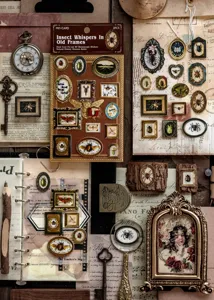 Vintage 3D insect specimen stickers in retro gold frames for scrapbooking decoration