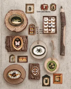 Close-up of vintage 3D natural history stickers featuring insects and botanical motifs