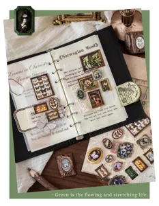 Close-up of vintage natural museum style 3D stickers applied to a black journal page