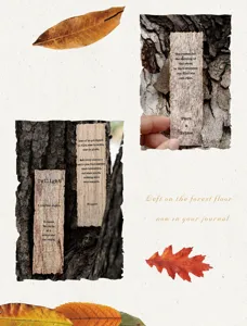 Detail of natural wood bark bookmarks with literary quotes for forest-themed journals