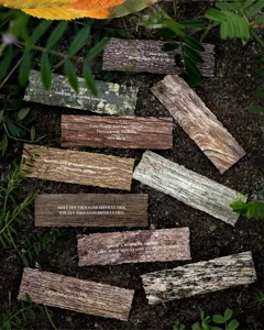 Detailed view of Momo Whisper in the Forest wood grain bookmarks with English text.