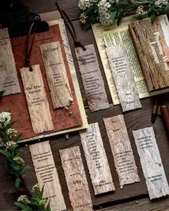 Detailed macro shot of vintage wood grain bookmarks with classic English literary quotes