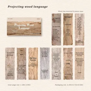 Detail of vintage wood chip bookmarks with literary quotes and matchbox packaging.